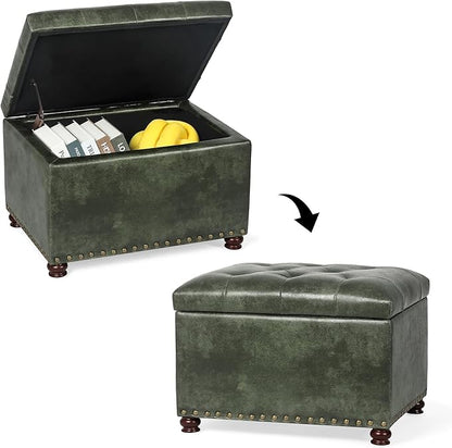 24'' Leather Ottoman with Storage Rectangle Foot Rest Ottomans Stool for Living Room(Green,Leather Texture)