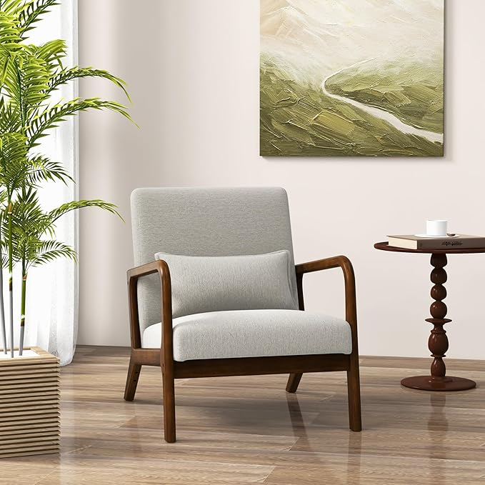 KOMFOTT Mid-Century Modern Accent Chair Set of 2, Living Room Leisure Chair with Cushioned Seat & Back, Upholstered Armchair with Rubber Wood Frame & Lumbar Pillow, Lounge Chair for Bedroom, Grey
