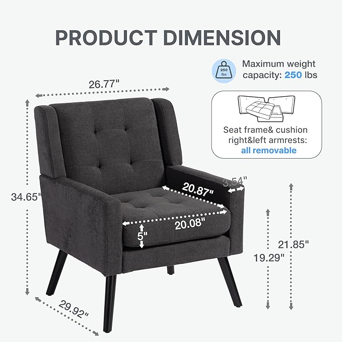 Mid-Century Modern Accent Chair, Plush Linen Fabric with Button Tufted High Back & 5" Thick Cushion, High Comfort Reading Chair for Living Room, Bedroom, Office (Dark Gray)