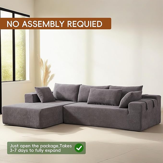 108" Modular Sectional Couch Sofa with L-Shape Chaise, Modern Cloud Comfy Sofa with Deep Seat, Upholstered Couches for Living Room Bedroom, No Assembly Required (Grey Left Facing Chaise)