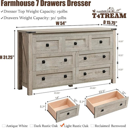 T4TREAM Farmhouse 7 Drawers Tv Stand, Wood Rustic, Storage Dressers Organizer for Bedroom, Living Room,Hallway, Light Rustic Oak