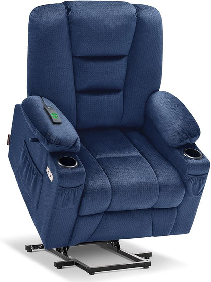 MCombo Power Lift Recliner Chair with Massage and Heat for Elderly People, Cup Holders, USB Ports, Side Pockets, Fabric 7529 (Medium, Navy Blue)