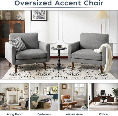 ELUCHANG Accent Chair Set of 1, Oversized Mid Century Modern Arm Chair, Soft Linen Fabric Sofa Chairs Upholstered Comfy Chair for Living Room Bedroom Apartment (Grey)