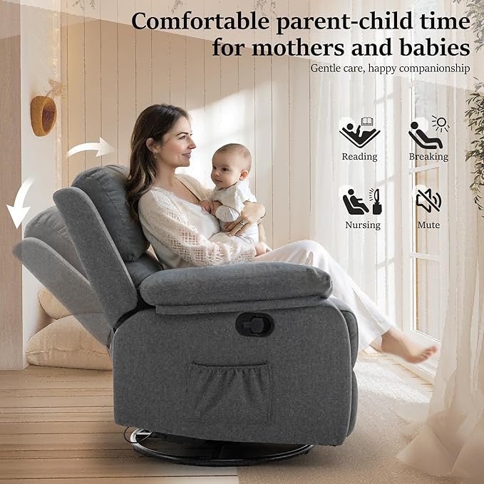 Recliner Chair, 360 Swivel Rocker Chair for Adults, Small Rocking Recliner for Small Spaces, Upholstered Fabric Glider Recliner Nursery Chair with Side Pockets for Living Room, Nursery