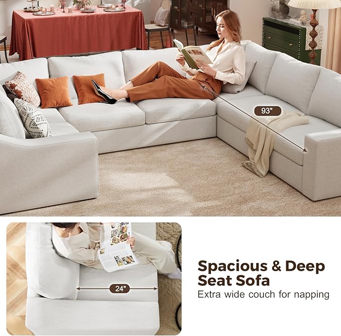 ABCASA U Shaped Sectional Sofa with Detachable Cover, Modular Couch for Living Room, Breathable Linen Fabric Corner Couch with 9 Seats, Ivory