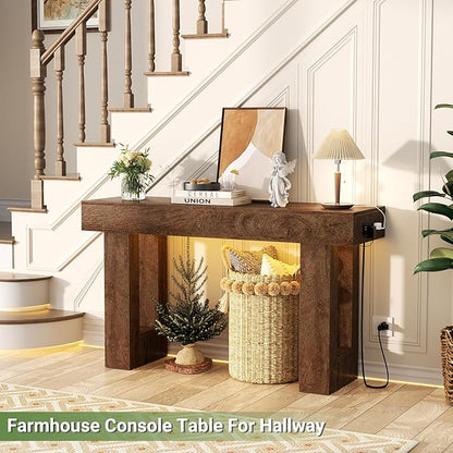 Unikito 47" Entryway Table with Socket and Sensor Light, Narrow Console Table with Storage Behind Couch, Farmhouse Entry Way Tables with Open Storage for Entrance/Hallway/Living Room, Rustic Oak