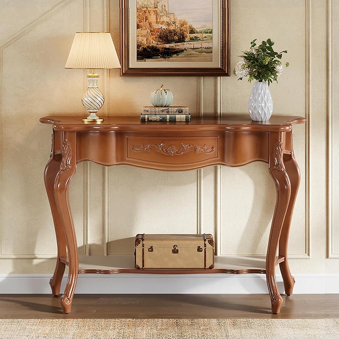 Tribesigns 47.2-Inch Console Table with Solid Wood Veneer, Mid-Century Modern Entryway Table with Shelves, Victorian Furniture for Living Room, Hallway, Entrance, Foyer (Walnut)