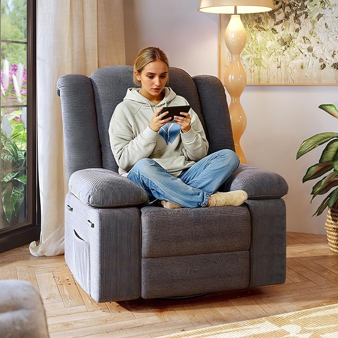 FLEXISPOT 360° Swivel Rocker Recliner for Adults, Massage Rocker Recliner Chair with Heating, Nursery Chair Swivel Glider Sofa for Living Room, Bedroom, Nursery, Slate