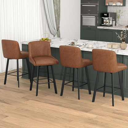 Swivel Bar Stools Set of 6, 26''H Upholstered Barstools with Backs, Modern Counter Height Bar Stool Chairs for Kitchen Island, Metal Legs, Faux Leather, Brown Counter Stools