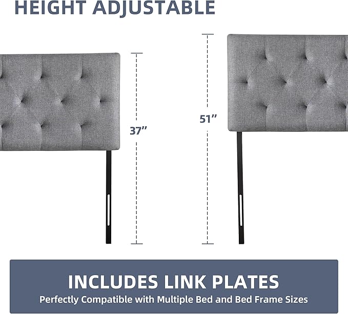 Linen Upholstered Headboard King Size, Modern Diamond Tufting Solid Wood Cali King Headboard Only, Adjustable Height from 37” to 51” Head Board, Bed Frame or Wall Mount Headboards, Light Grey