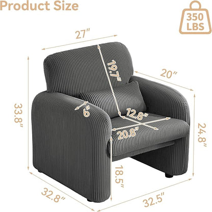 Corduroy Fabric Accent Chairs Set of 2, Modern Upholstered Living Room Chairs with Lumbar Pillow, Wide Comfy Leisure Armchair for Bedroom, Office, Reading, Grey