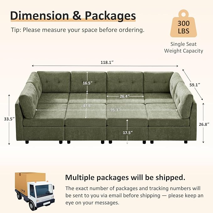 VANOMi 6 Seat Cloud Couches for Living Room with 2 Ottomans, 118" Convertible Modular Sectional Sofa Bed, Comfy Chenille Sofas & Couches for Living Room, Apartment, Office, Olive Green, Large Sofa Bed