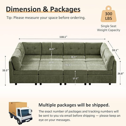 VANOMi 6 Seat Cloud Couches for Living Room with 2 Ottomans, 118" Convertible Modular Sectional Sofa Bed, Comfy Chenille Sofas & Couches for Living Room, Apartment, Office, Olive Green, Large Sofa Bed
