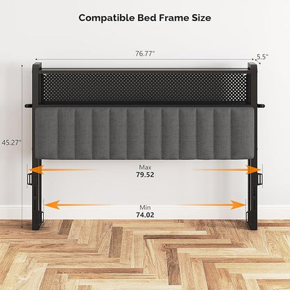 VINGLI King Size Headboard Only, Adjustable Upholstered Headboard with 2 Tier Shelves and Pegboard with Charging Stations and LED Lights, Modern Bed Headboard with Storage for Bedroom Decor