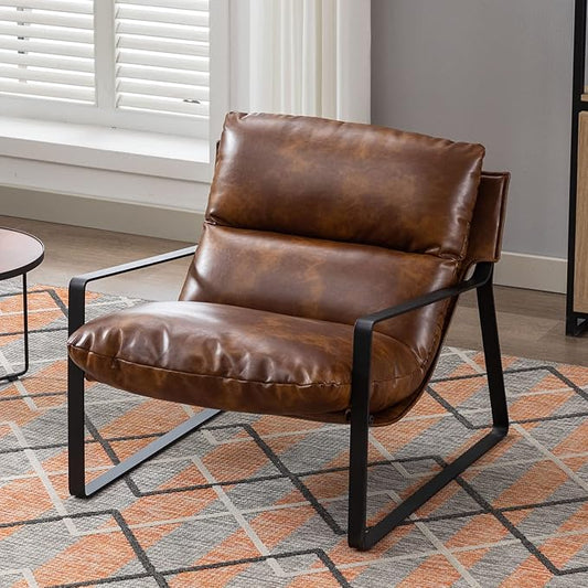 DUOMAY Mid-Century Accent Chair Armchair, Comfy PU Leather Leisure Chair Lazy Chair with Metal Leg for Living Room Bedroom Office Apartment, Brown