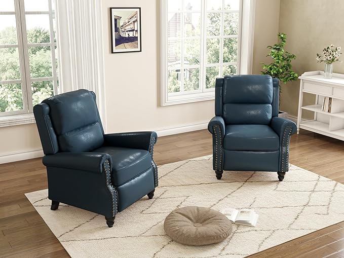 Pushback Recliner Chairs Set of 2, Faux Leather Wingback Recliner Chair, Upholstered Armchair Push Back Recliner with Wood Legs, Rivet Trim Single Sofa Accent Chair for Living Room, Bedroom, Navy