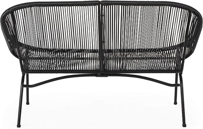 Christopher Knight Home Dessa 3 Piece Patio Furniture Set, Patio Wicker Accent Chair Set of 2 and Loveseat, Metal Frame 4 Seater Outdoor Papasan Lounge Chair Set, PE Rattan Outdoor Bistro Set, Black