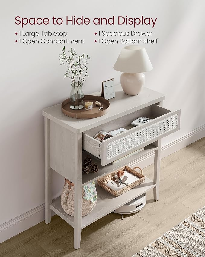 VASAGLE Console Table with Power Outlets, Entryway Table with Storage Shelf, Sofa Table with Drawer, Open Compartment, Rounded Corners, for Living Room, Boho Style, Oatmeal Beige ULNT140K66