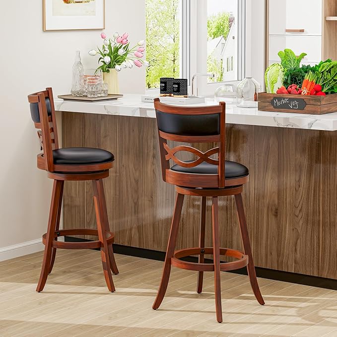 COSTWAY Bar Stools Set of 4, 29.5” Bar Height Stools with Rubber Wood Frame, Faux Leather Upholstered Seat and Backrest, Swivel Barstools for Kitchen Island, Pub, Brown (4, Seat Height: 29.5”)