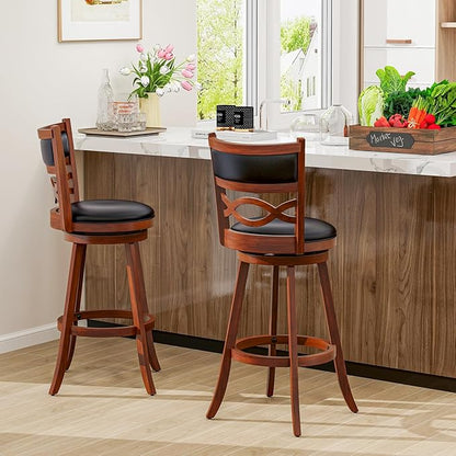 COSTWAY Bar Stools Set of 4, 29.5” Bar Height Stools with Rubber Wood Frame, Faux Leather Upholstered Seat and Backrest, Swivel Barstools for Kitchen Island, Pub, Brown (4, Seat Height: 29.5”)