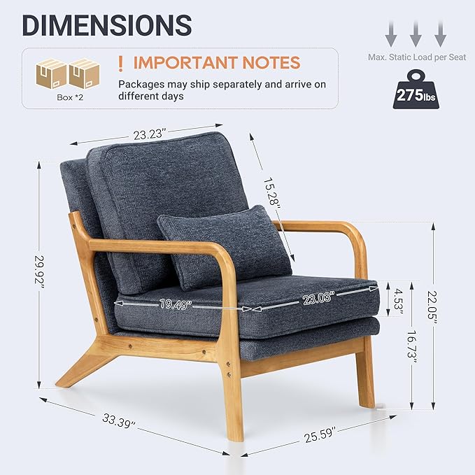 COLAMY Mid Century Modern Accent Chair Set of 2 with Lumbar Pillow, Relaxing Armchair with Solid Wood Frame & Soft Cushion, Reading Leisure Chair for Living Room（Blue）