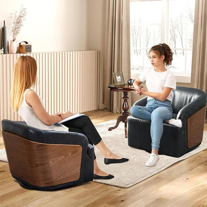 Genuine Leather Swivel Accent Chair Swivel Barrel Chair Comfortable Mid Century Modern Chair Upholstered Metal Base Armchair for Living Room Bedroom Office Large Vintage Black