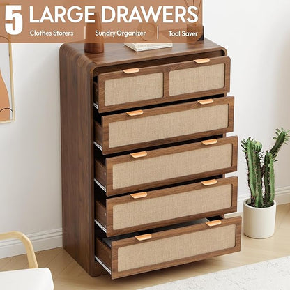 43" Tall Dresser for Bedroom, 5 Drawer Mid Century Modern Dresser with Natural Linen, Curved Wood Chest of Drawers Closet Clothes Storage Organizer for Living Room, Hallway (Walnut)