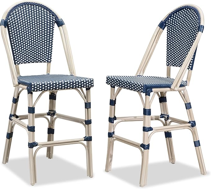 PURPLE LEAF French Counter Height Bar Stool Set of 2 25" White Print Finish Patio Bar Chairs with Back Rattan Bar Chairs French Bistro Set for Kitchen Outdoor Counter Stool Royal Blue