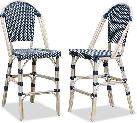 PURPLE LEAF French Counter Height Bar Stool Set of 2 25" White Print Finish Patio Bar Chairs with Back Rattan Bar Chairs French Bistro Set for Kitchen Outdoor Counter Stool Royal Blue