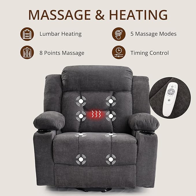 Dual Motor Power Lift Recliner for Elderly, Large Electric Lift Recliner with Massage and Heat, Cup Holders, Side Pocket, Fabric(Dark Grey)