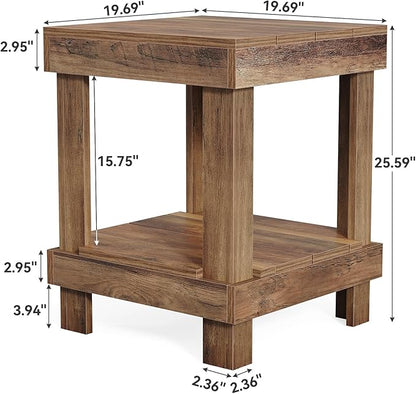 LITTLE TREE 2-Tier End Table, All Wooden Square Side Table with 2 Storage Shelves, Farmhouse Chairside Table Side End Table for Living Room, Small Bedside Table Nightstand for Bedroom, Natural Color