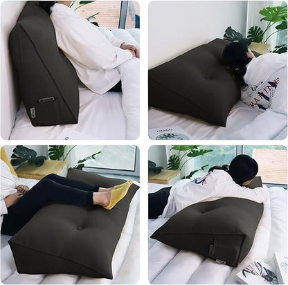 WOWMAX 85% Linen 15% Cotton Blend Headboard Pillow – Queen Size Reading Wedge Backrest for Bed, Handmade Firm Support Bolster Cushion with Removable Cover, Premium Bed Rest Pillow, Deep Gray