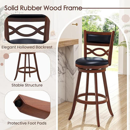 COSTWAY Bar Stools Set of 2, 29.5” Bar Height Stools with Rubber Wood Frame, Faux Leather Upholstered Seat and Backrest, Swivel Barstools for Kitchen Island, Pub, Brown (2, Seat Height: 29.5”)