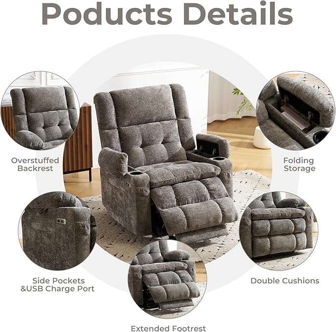 Power Lift Recliner Chair for Elderly with Massage and Heat, Dual Motor Electric Lift Chair with Arm Storage, Lay Flat Recliner for Big and Tall, Infinite Position, Gray