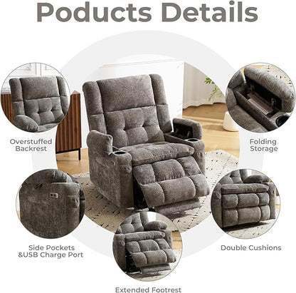 Power Lift Recliner Chair for Elderly with Massage and Heat, Dual Motor Electric Lift Chair with Arm Storage, Lay Flat Recliner for Big and Tall, Infinite Position, Gray