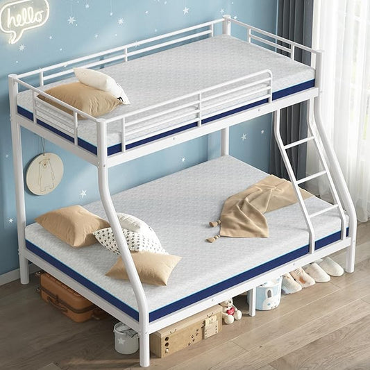 Bunk Beds Twin Over Full Size with 6" Mattresses Included, All-in-One Bunk Bed for Kids/Adults, Heavy Duty Sturdy Frame with Ladder Guardrail, With Memory Foam Mattress, Easy Assembly（White）