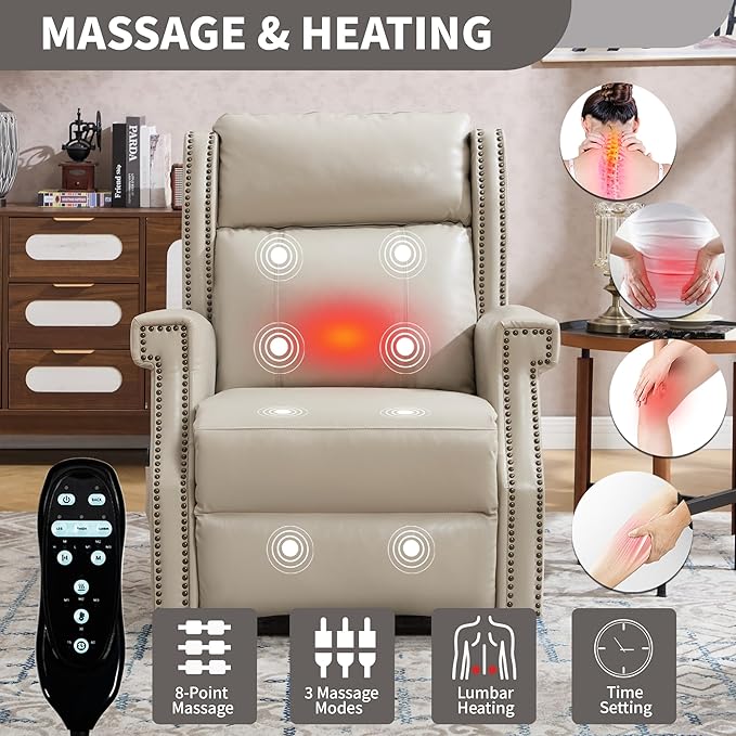 Manual Recliner Chair with Massage & Lumbar Heat, Breathable Leather Reclining Chair for Adults, Humanized Design Easy to Install Living Room Recliners Beige