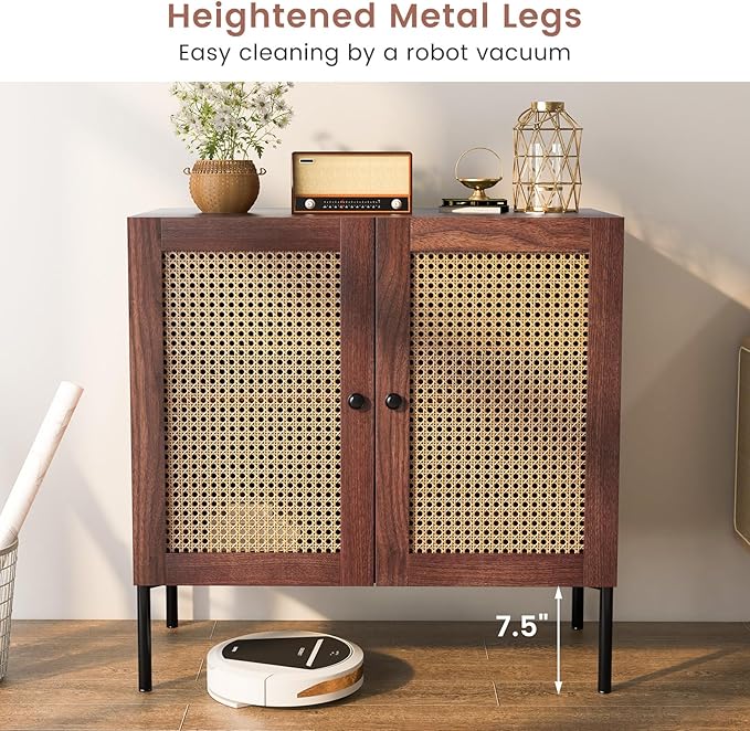 COSTWAY Buffet Cabinet with Storage, Storage Sideboard with Rattan Decorated Doors, Adjustable Shelf, Metal Legs, Accent Cabinet, Buffet Table Credenza for Hallway, Entryway, Living Room (2, Walnut)