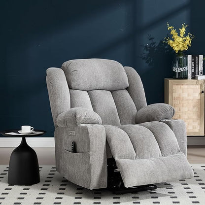 Power Lift Recliner Chair, USB/Type-C Ports & Cup Holders, Heavy Duty Chenille Recliner for Elderly, Light Grey