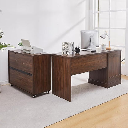 60" L-Shaped Executive Desk with 40" File Cabinet,Farmhouse Home Office Desk with Charging Station,Wood Computer Desk Set for Office Work,Home Study (Brown)