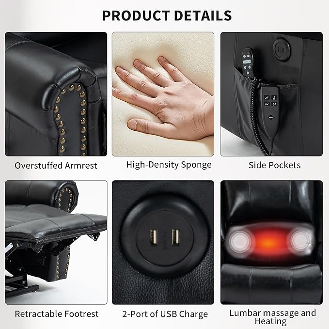 Recliner Chairs for Adults, Oversized Bedroom Chair with Massage, Sofa Chair Home Theater Seating with Lumbar Support, Lift Chair for Elderly, Nursery Chair for Living Room (Genuine Leather)