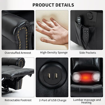 Recliner Chairs for Adults, Oversized Bedroom Chair with Massage, Sofa Chair Home Theater Seating with Lumbar Support, Lift Chair for Elderly, Nursery Chair for Living Room (Genuine Leather)