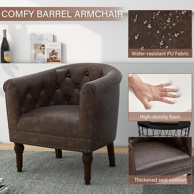 Pia Ricco Faux Leather Barrel Accent Chair, Comfy Club Armchair with Solid Wood Legs, Nailhead Trim Upholstered Single Sofa Chair for Living Room Bedroom/Reading Room, Chocolate, Set of 2