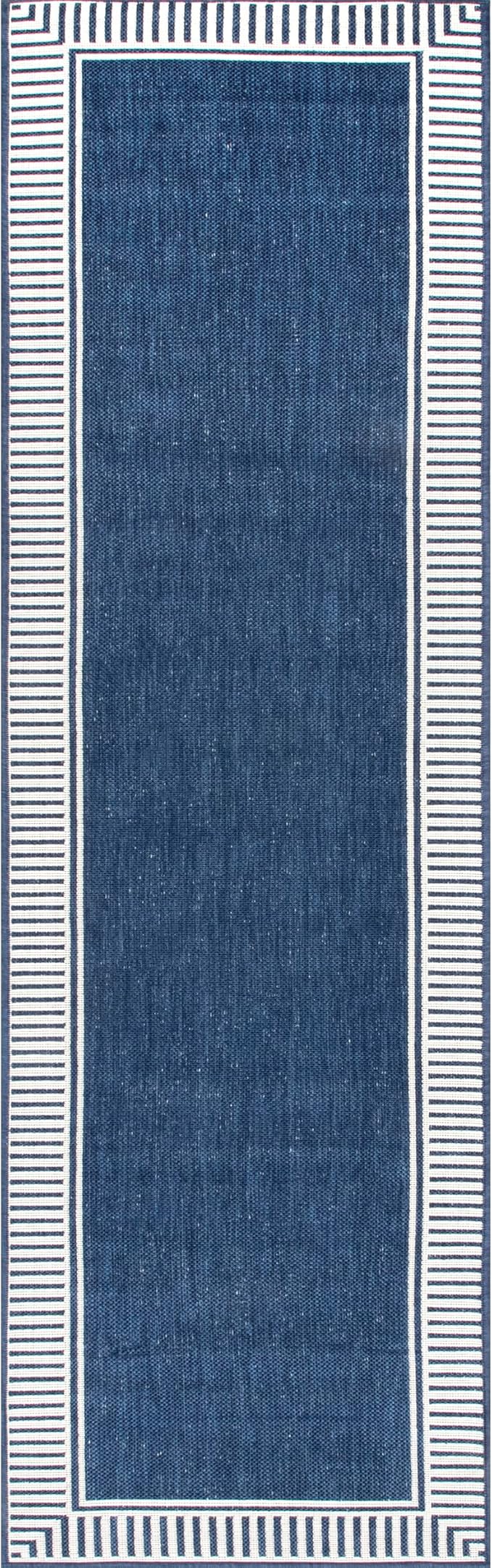 nuLOOM 2' x 6' Outdoor/Indoor Asha Area Rug, Asha Navy, Casual Design with Striped Border, Stain Resistant, Highly Durable, for Patio, Balcony, Bedroom, Living Room, Dining Room, Bathroom