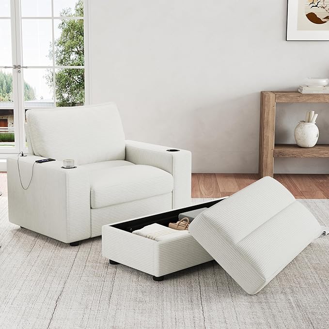 Christopher Knight Home Zoe Oversized Chaise Lounge Chair Indoor with Cup Holders & USB Charging Port, Corduroy Upholstered Sofa Bed + Ottoman with Storage, Comfy Deep Seat Sleeper Sofa Chair, Beige