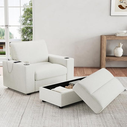 Christopher Knight Home Zoe Oversized Chaise Lounge Chair Indoor with Cup Holders & USB Charging Port, Corduroy Upholstered Sofa Bed + Ottoman with Storage, Comfy Deep Seat Sleeper Sofa Chair, Beige