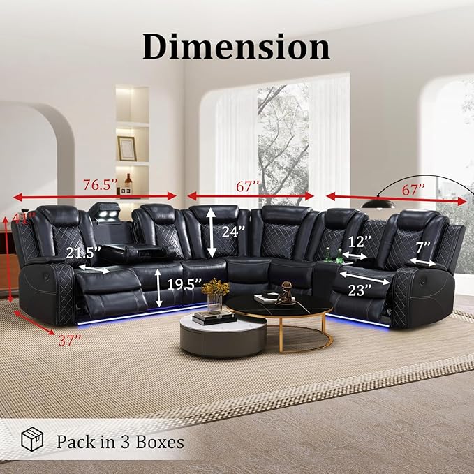 Power Reclining Sectional Sofa, Black Leather Couch with Recliners, Air Leather Sofa Couch with LED Lights/USB Port/Cup Holder for Living Room/Apartment/Office