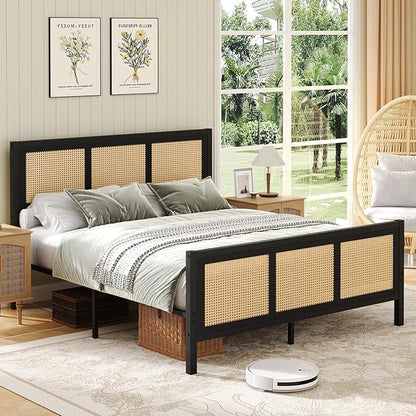 Rattan Full Bed Frame, Boho Full Size Bed Frame with Headboard, Metal Platform Bed Frames Full with Strong Slats Support, No Box Spring Needed, Noise Free, Easy Assembly, Black