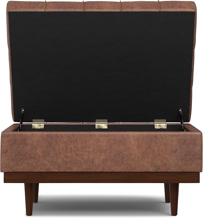 SIMPLIHOME Mariah 34 inch Wide Contemporary Rectangle Coffee Table Storage Ottoman in Distressed Saddle Brown Vegan Faux Leather, Assembled, For the Living Room, Entryway and Family Room