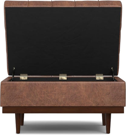 SIMPLIHOME Mariah 34 inch Wide Contemporary Rectangle Coffee Table Storage Ottoman in Distressed Saddle Brown Vegan Faux Leather, Assembled, For the Living Room, Entryway and Family Room
